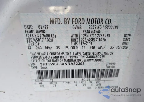 2022 Ford Maverick Xl z USA, uszkodzony, nr VIN 3FTTW8E3XNRA32393